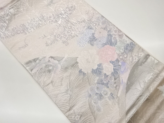 JAPANESE FUKURO OBI / PLATINUM FOIL / WOVEN FLOWER & BIRD